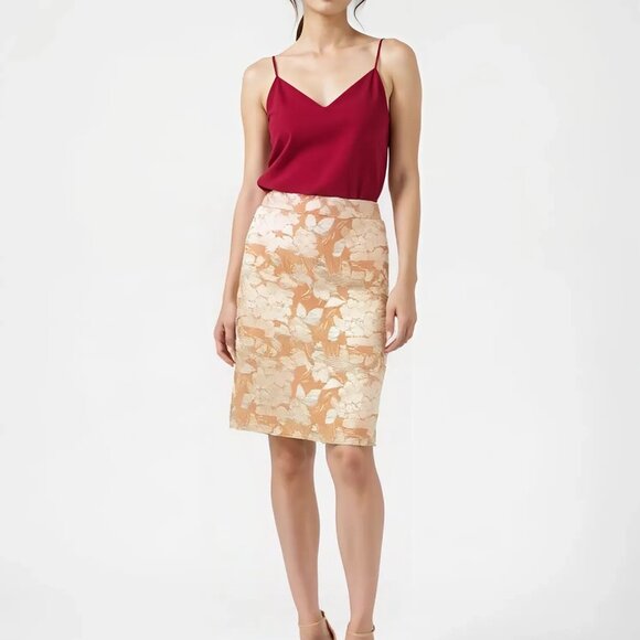 NWT Talbots Jacquard Lam Gold Cream Peach Coral Ivory Pencil Dress Skirt 14